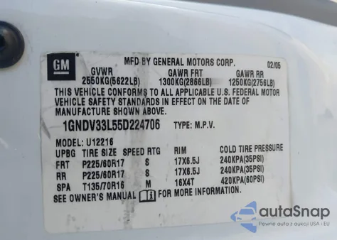 2005 Chevrolet Uplander Lt z USA, uszkodzony, nr VIN 1GNDV33L55D224706